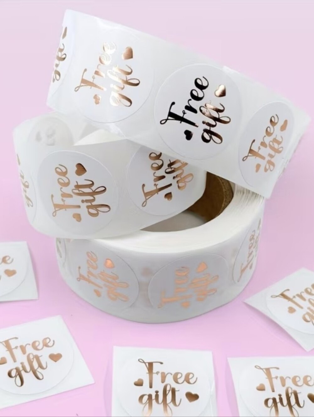 White Round "Free Gift" Stickers with Rose Gold Foil Qty 500
